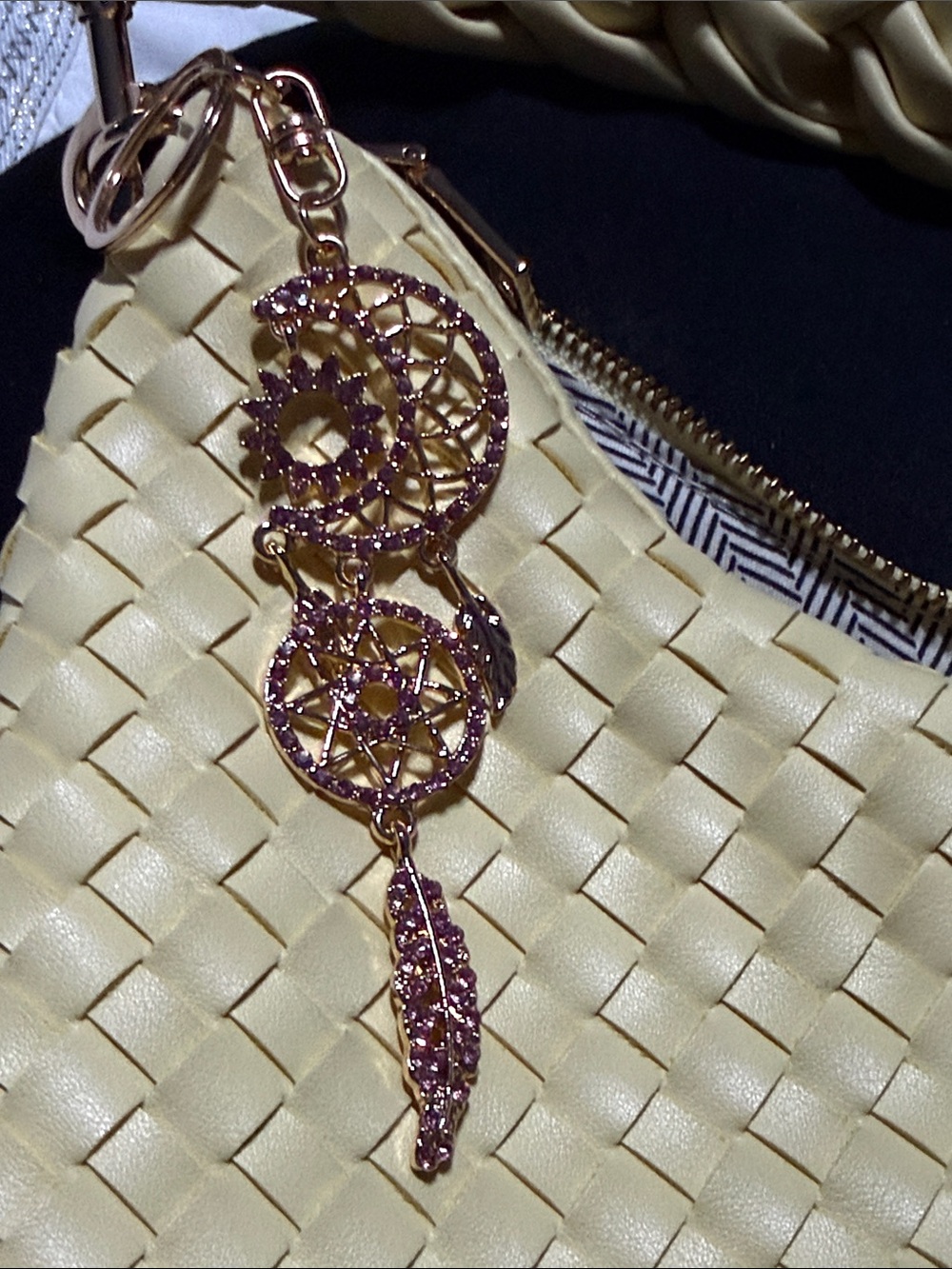 Gold Tone Pink Crystal Dreamcatcher Keychain/Bag Charm